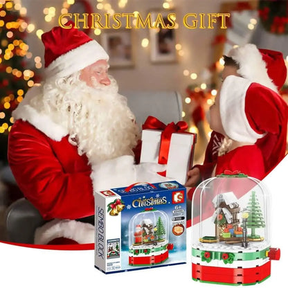 Christmas building blocks set box and clear-domed model with green tree, gift-ready