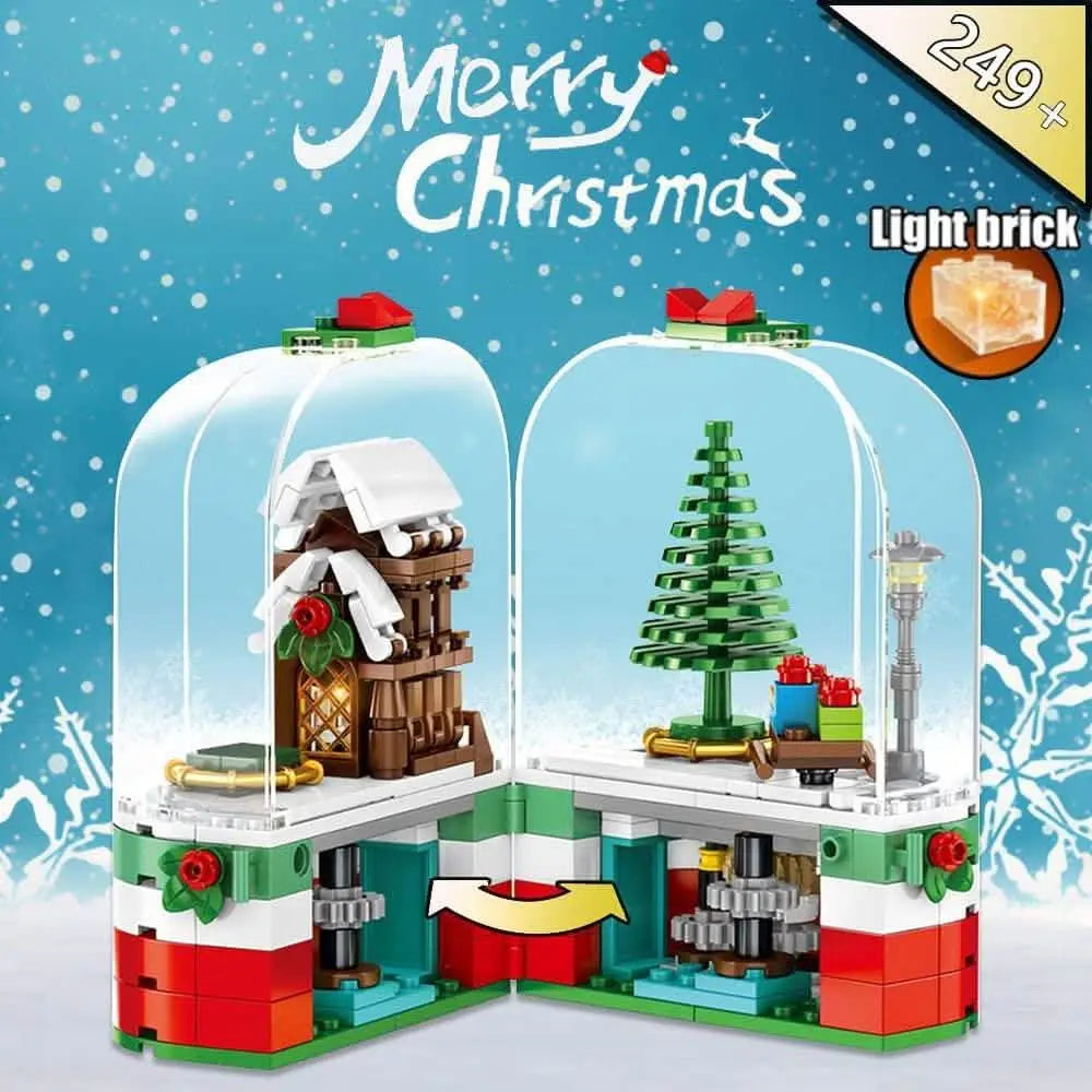 Christmas building blocks set with clear dome showing tree and house light brick
