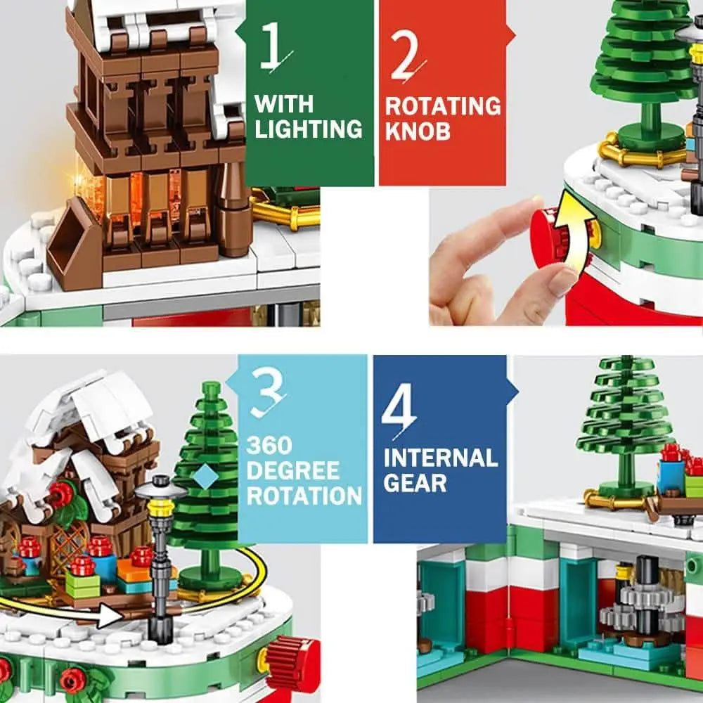 Christmas building blocks set close-ups: light feature, rotating knob, 360 rotation