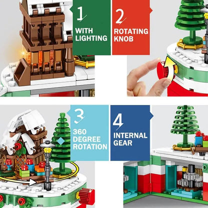 Christmas building blocks set close-ups: light feature, rotating knob, 360 rotation