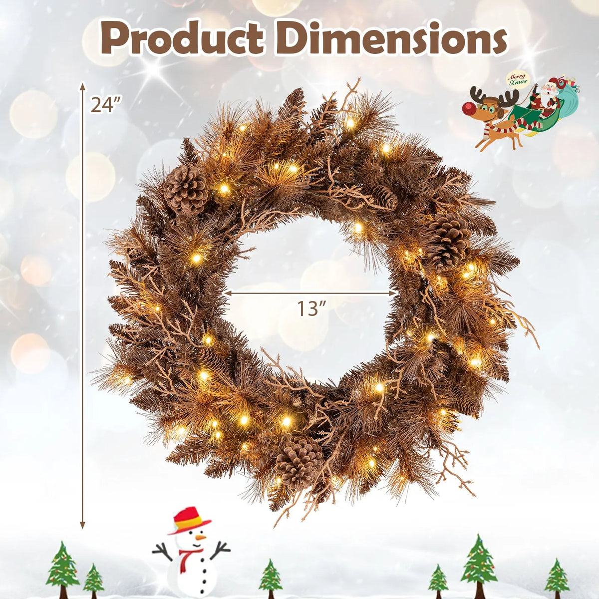 24 Inch Pre-lit Christmas Wreath with 105 Branch Tips and 35 Warm White LED Lights