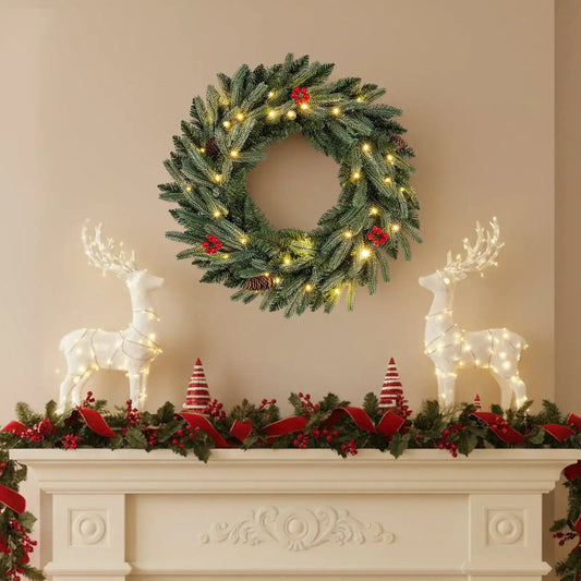 24‚Äù Pre-lit Christmas Wreath Front Door Artificial Xmas Wreath with 90 Frosted Branch Tips DirectDeals Default Title Default Title-