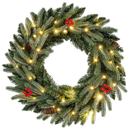 24‚Äù Pre-lit Christmas Wreath Front Door Artificial Xmas Wreath with 90 Frosted Branch Tips