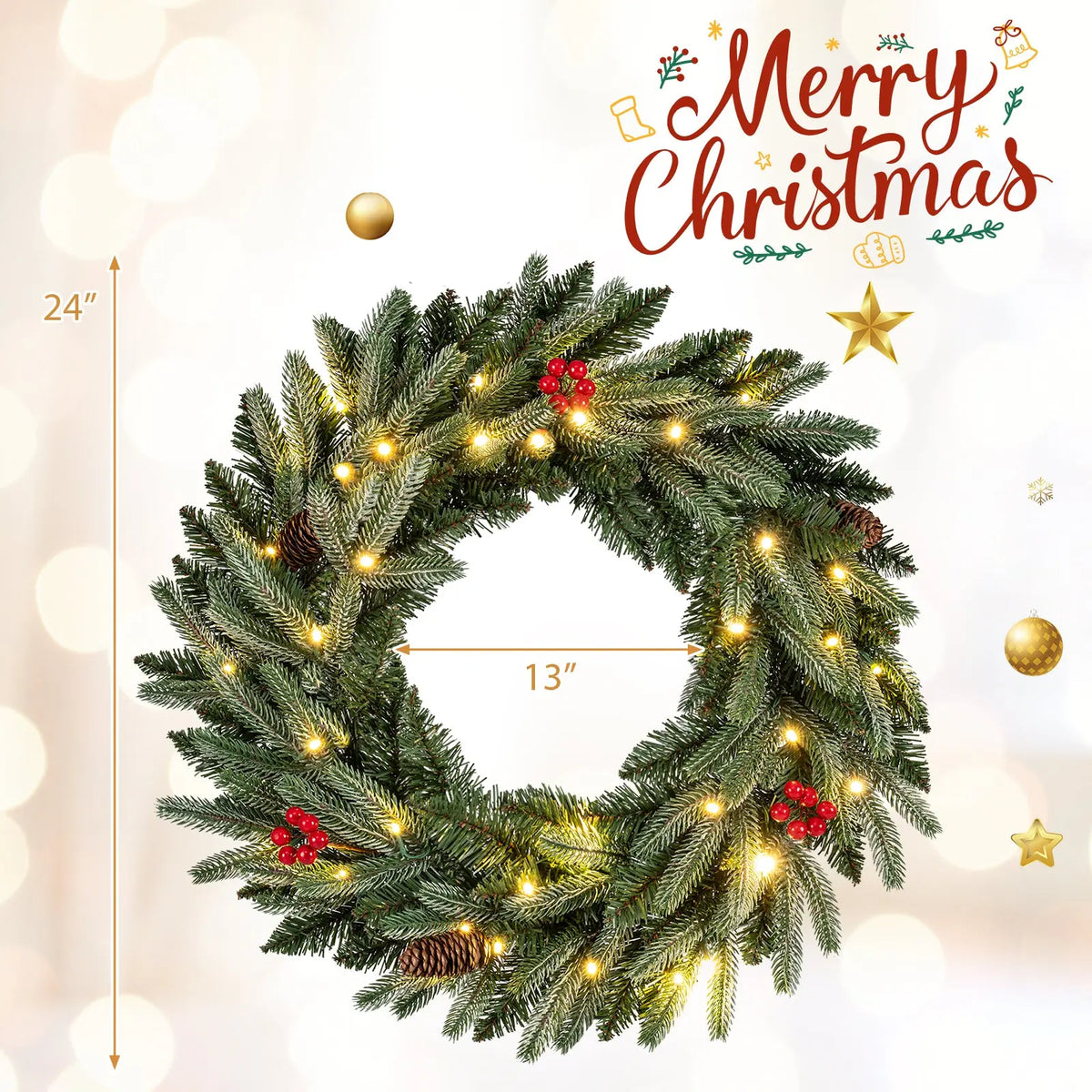 24‚Äù Pre-lit Christmas Wreath Front Door Artificial Xmas Wreath with 90 Frosted Branch Tips