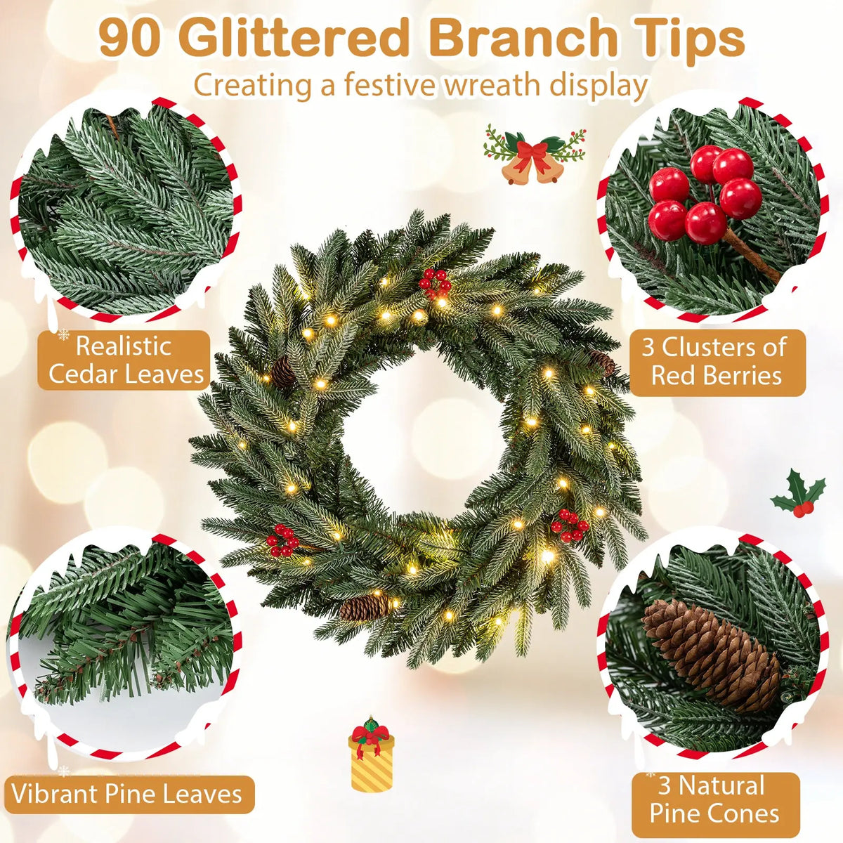 24‚Äù Pre-lit Christmas Wreath Front Door Artificial Xmas Wreath with 90 Frosted Branch Tips