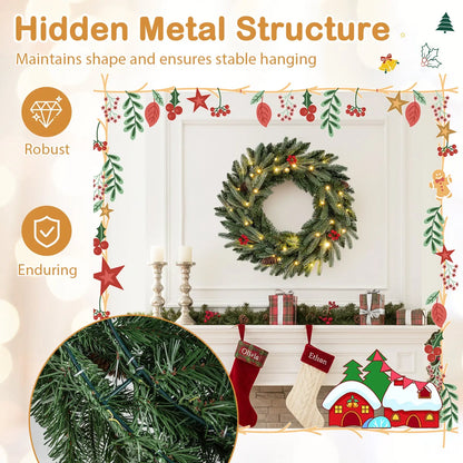 24‚Äù Pre-lit Christmas Wreath Front Door Artificial Xmas Wreath with 90 Frosted Branch Tips