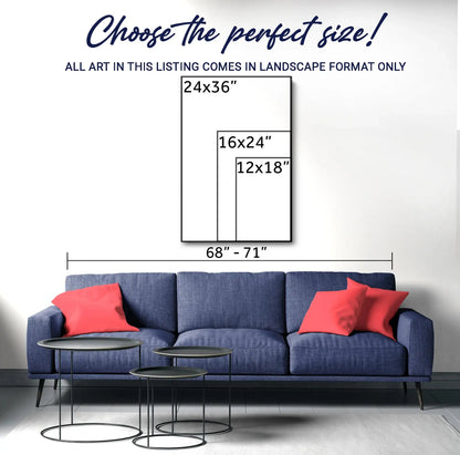 Snowy tree wall art size graphic with dimension options over a sofa