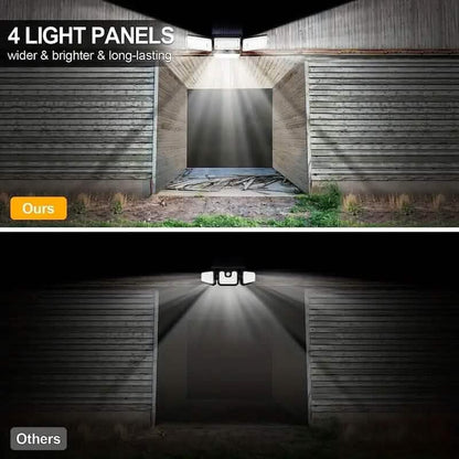 Solar LED garden light illuminating a walkway with four lamp heads