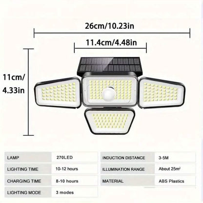 Solar LED garden light dimensions diagram with four lamp heads and top solar panel
