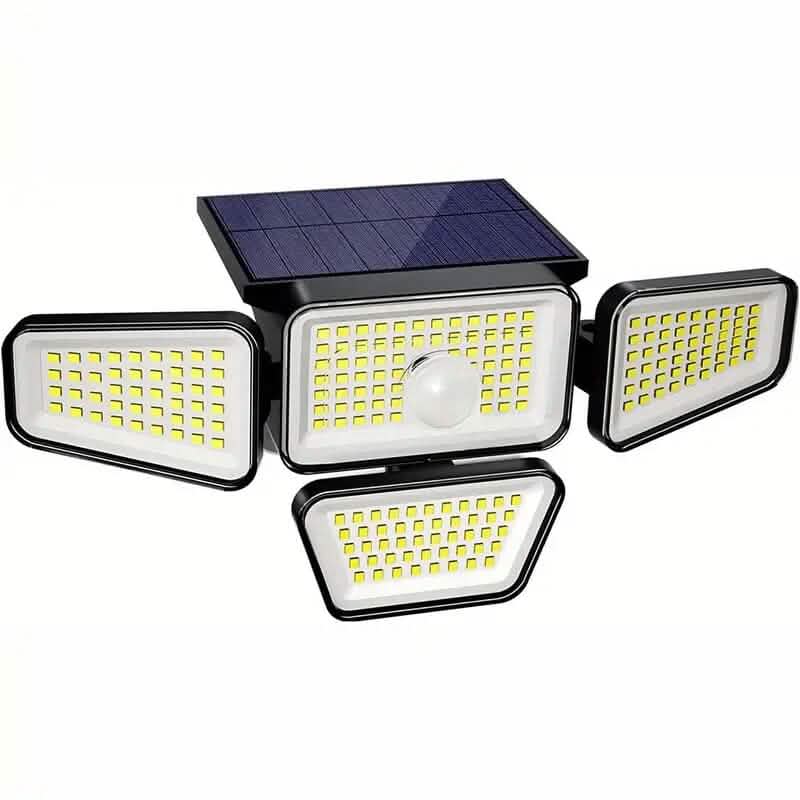 Solar LED garden light with four rectangular lamp heads and a top solar panel