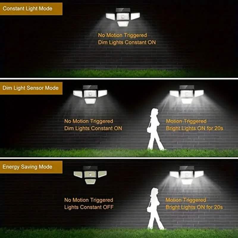 Solar LED garden light with several lighting levels shown by glowing lamp heads
