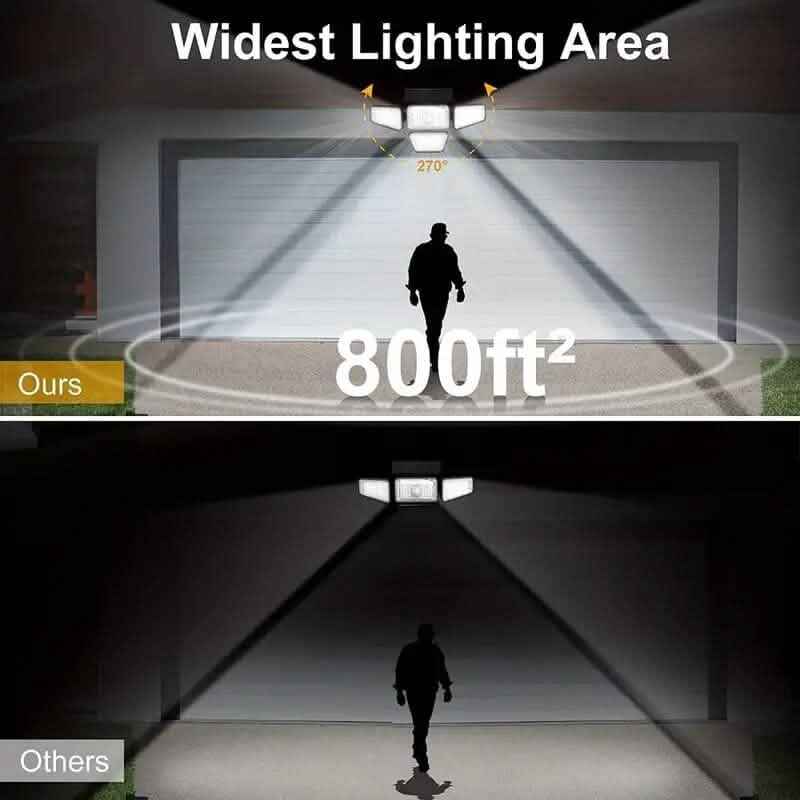 Solar LED garden light creating a wide beam area with four lamp heads