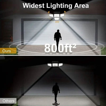 Solar LED garden light creating a wide beam area with four lamp heads