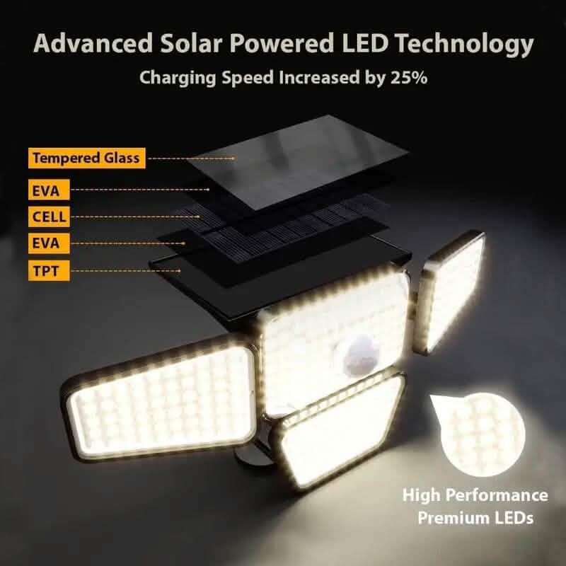 Solar-powered LED garden light with bright LED panels and a tempered-glass solar module
