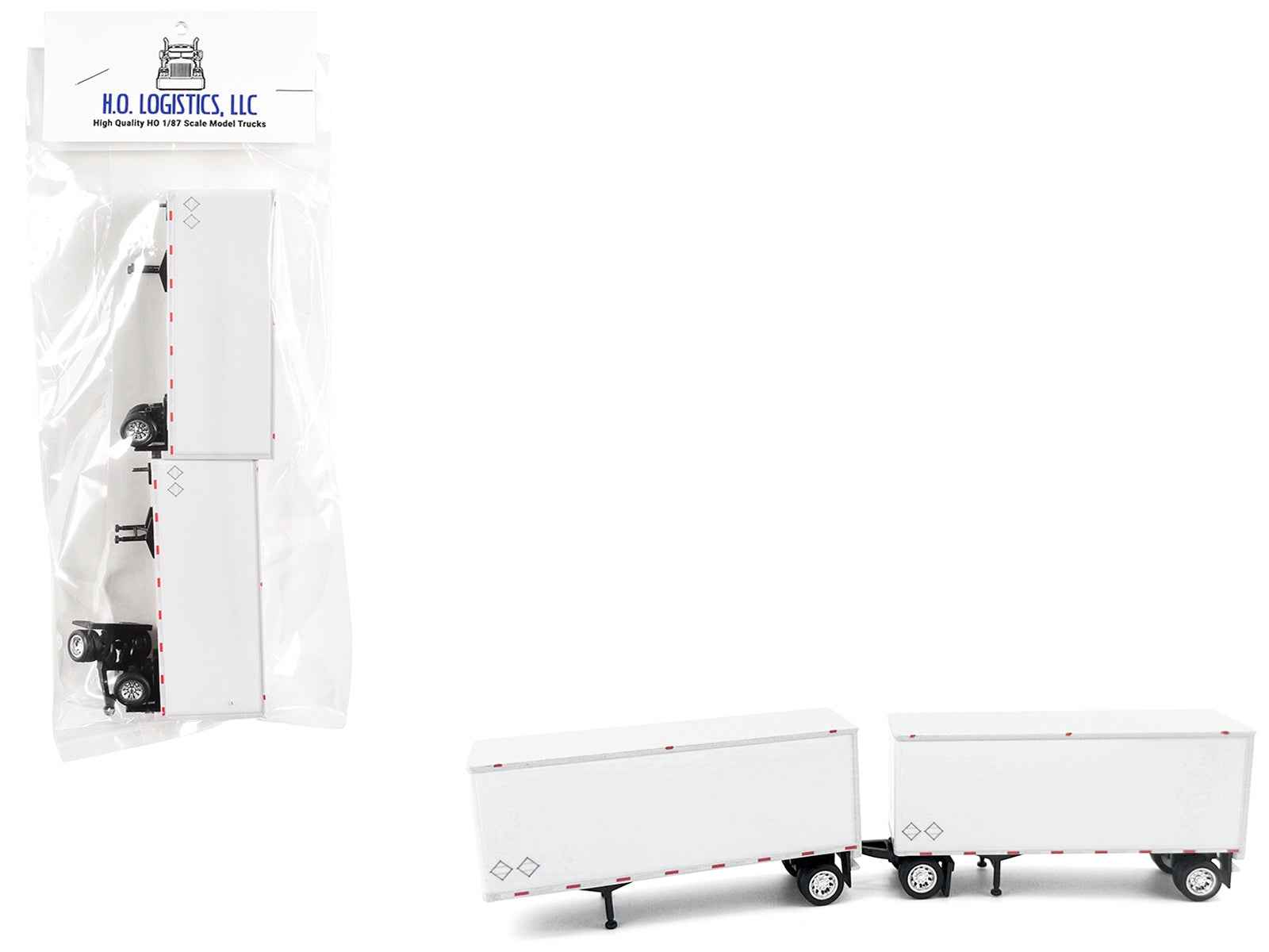 28' Dry Van Double Pup Trailers White Set of 2 pieces 1/87 (HO) Scale Plastic Model by HO Logistics Cartsfy Inc.