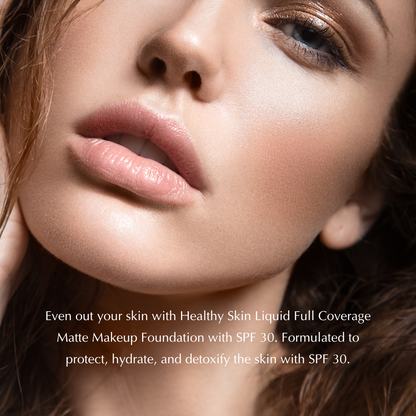 Matte full coverage foundation on skin, showing smooth complexion and glossy lips