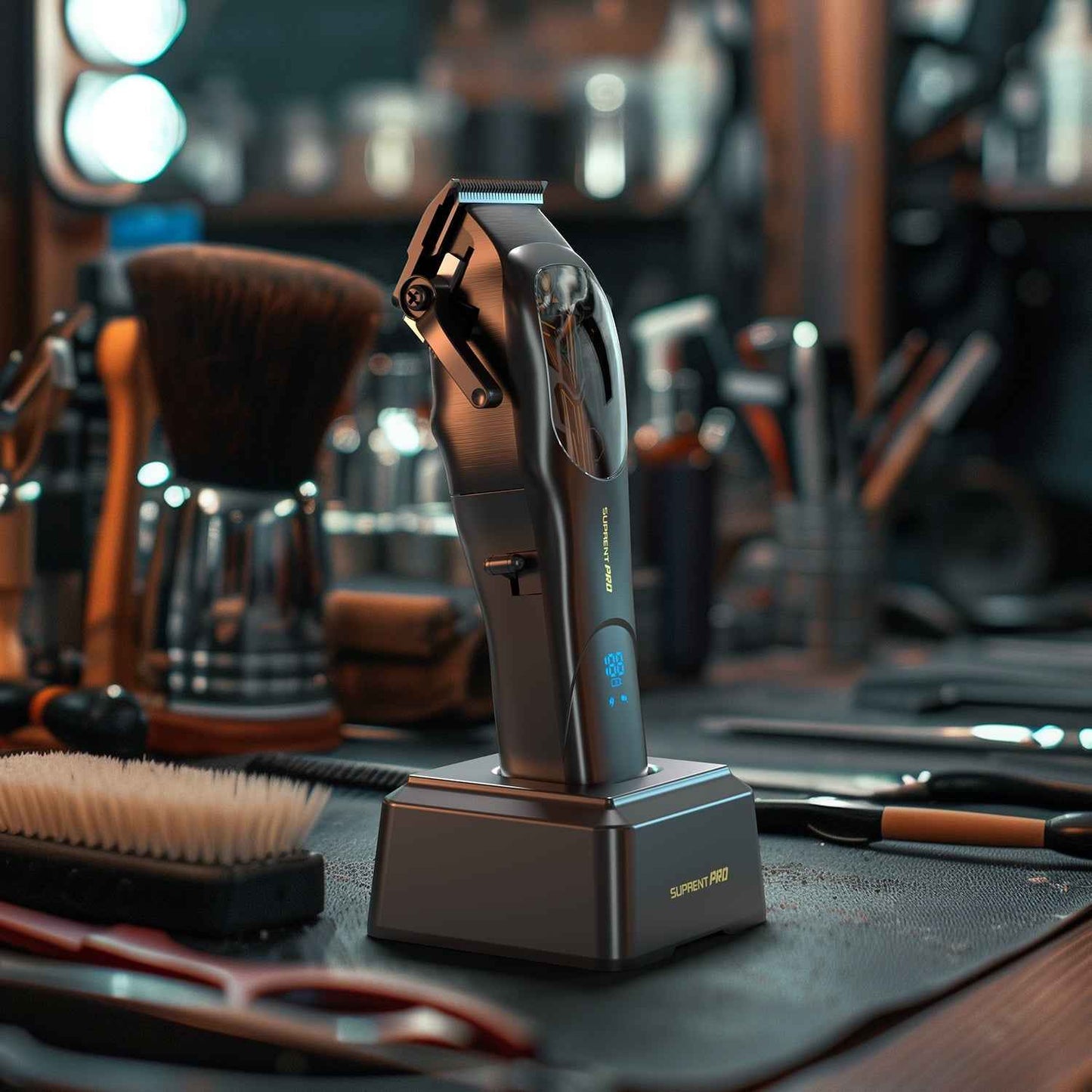 Cordless hair clipper on charging base with adjustable blade head, black and teal accents
