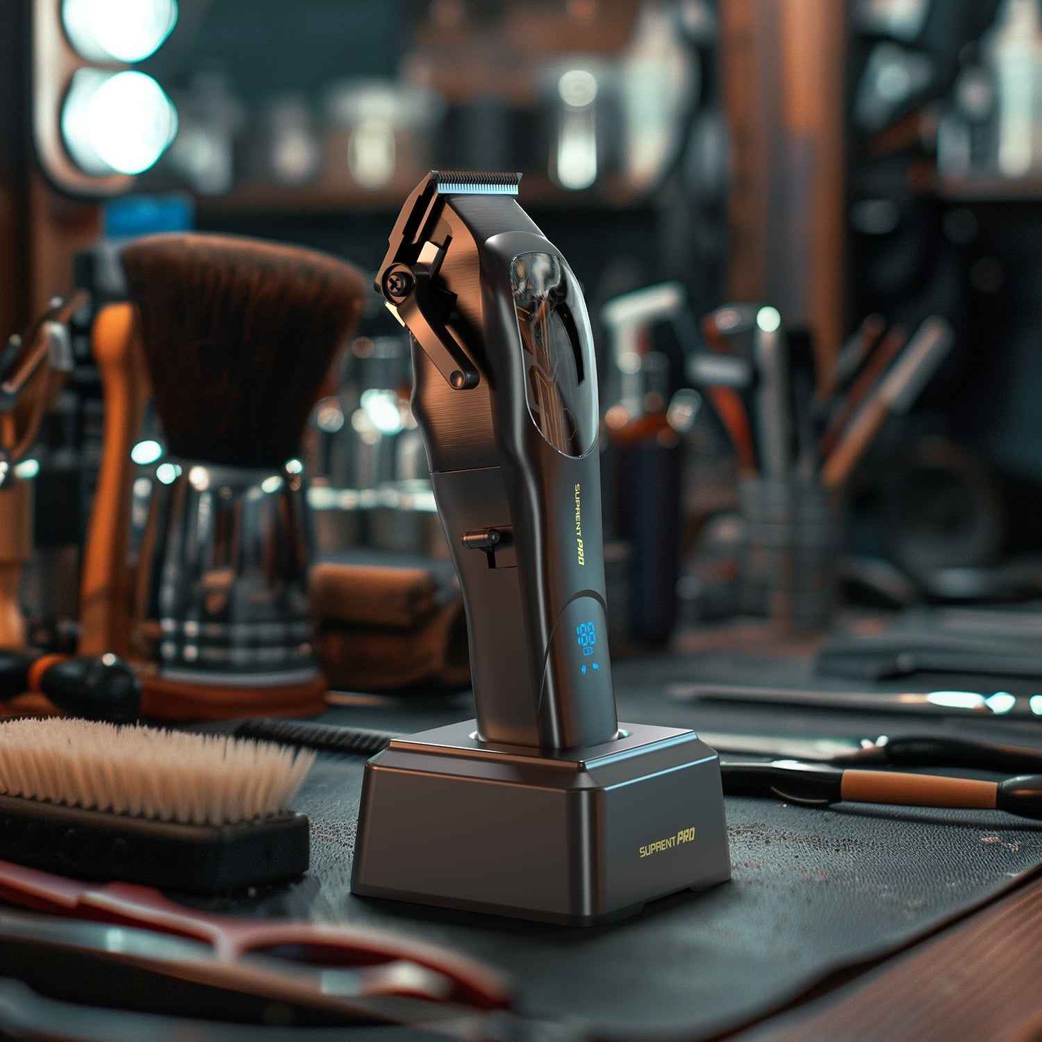 Cordless hair clipper on charging base with adjustable blade head, black and teal accents