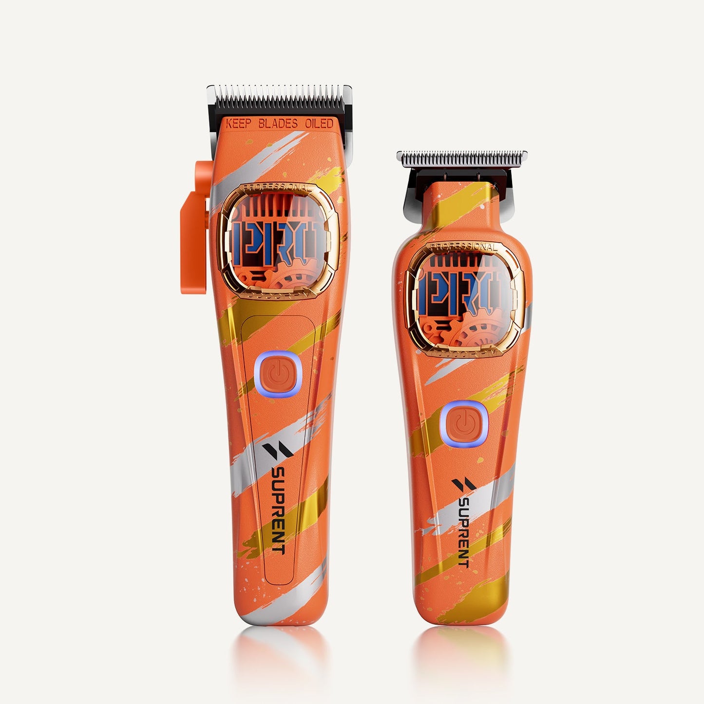 Orange hair clipper set with two cordless units and comb guards on blade heads
