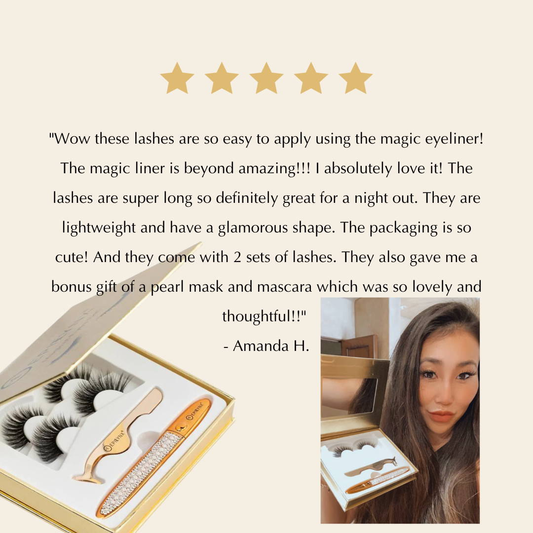 Eyelash kit with false lashes and gold-toned liner shown with rating stars