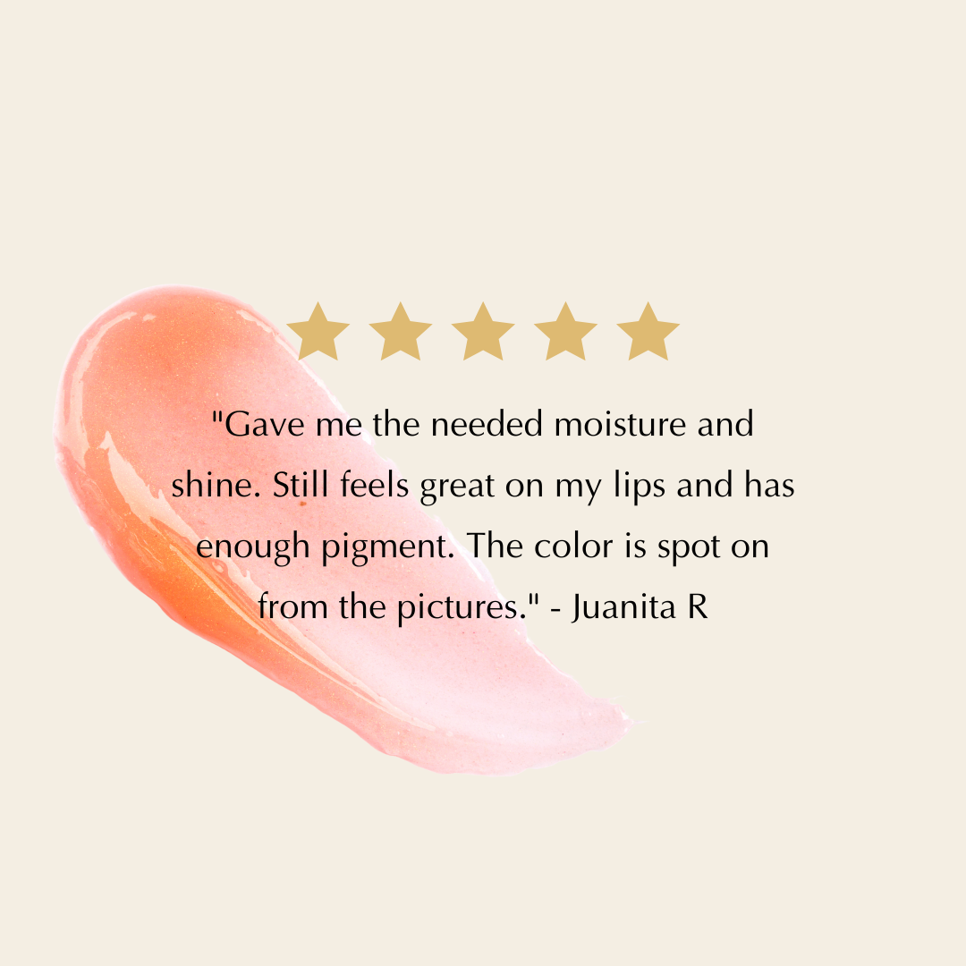 Glossy pink lip swatch with five star rating graphic