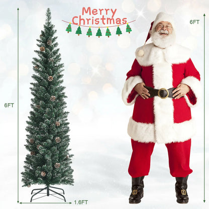 Snowy Artificial Pencil Christmas Tree with Pine Cones