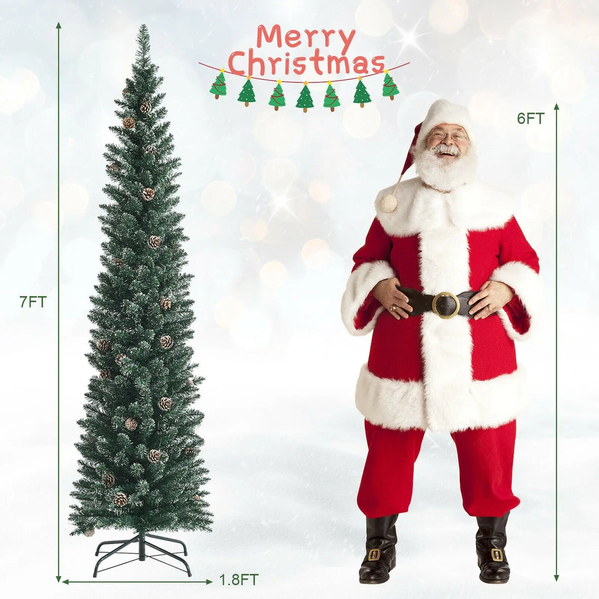 Snowy Artificial Pencil Christmas Tree with Pine Cones