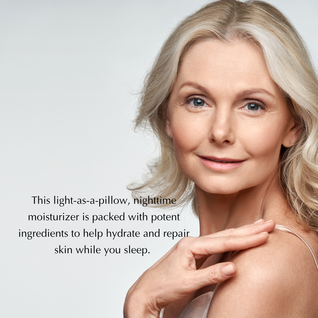 Smiling woman with hand on neck in night moisturizer promotion