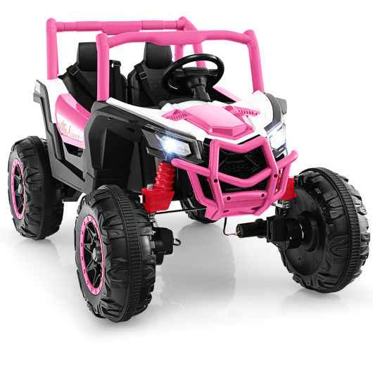 Pink 2-seater kids ride-on UTV with two seats, front grille and glowing headlights