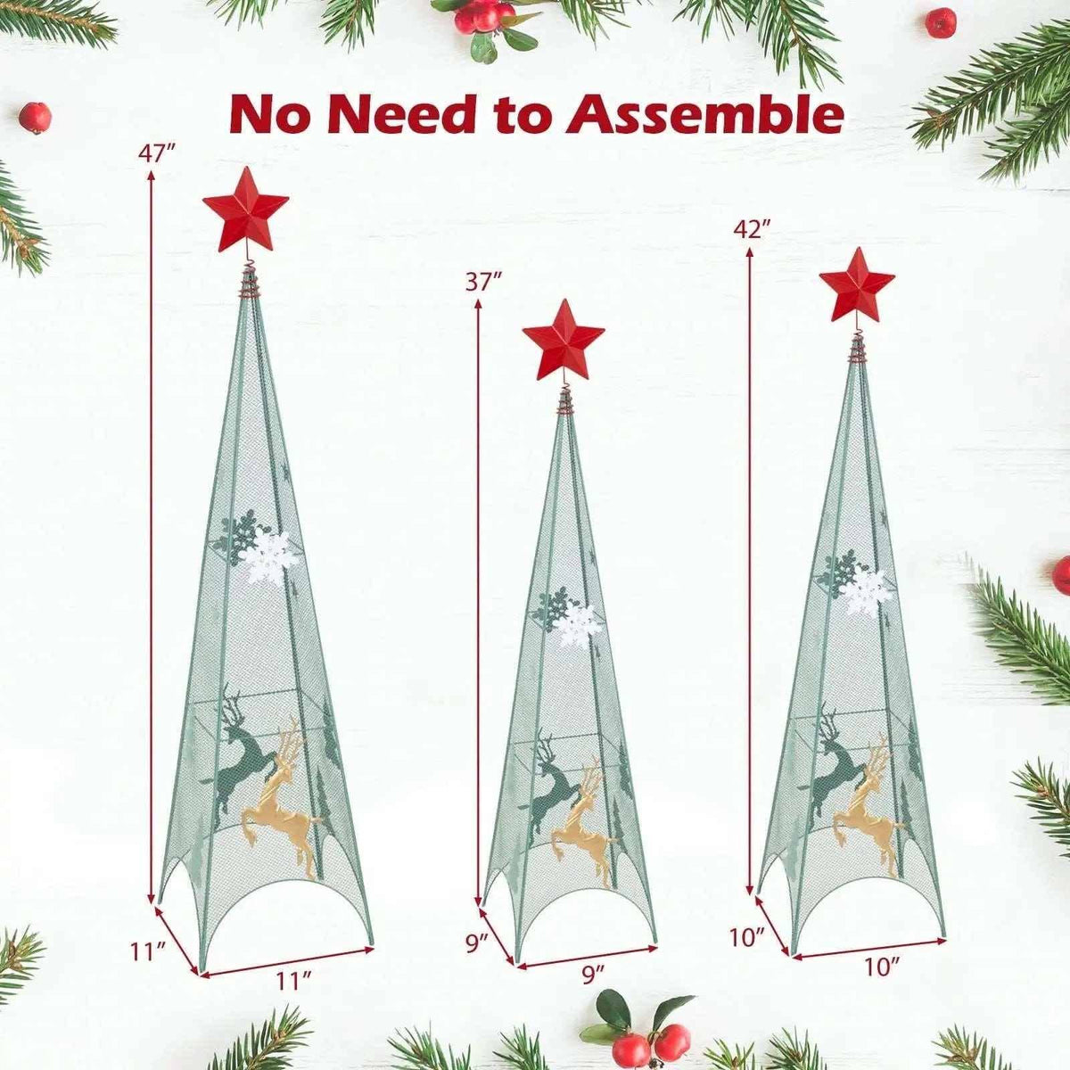 3/3.5/4 Feet Set of 3 Tower Shaped Christmas Trees with Removable Star Toppers