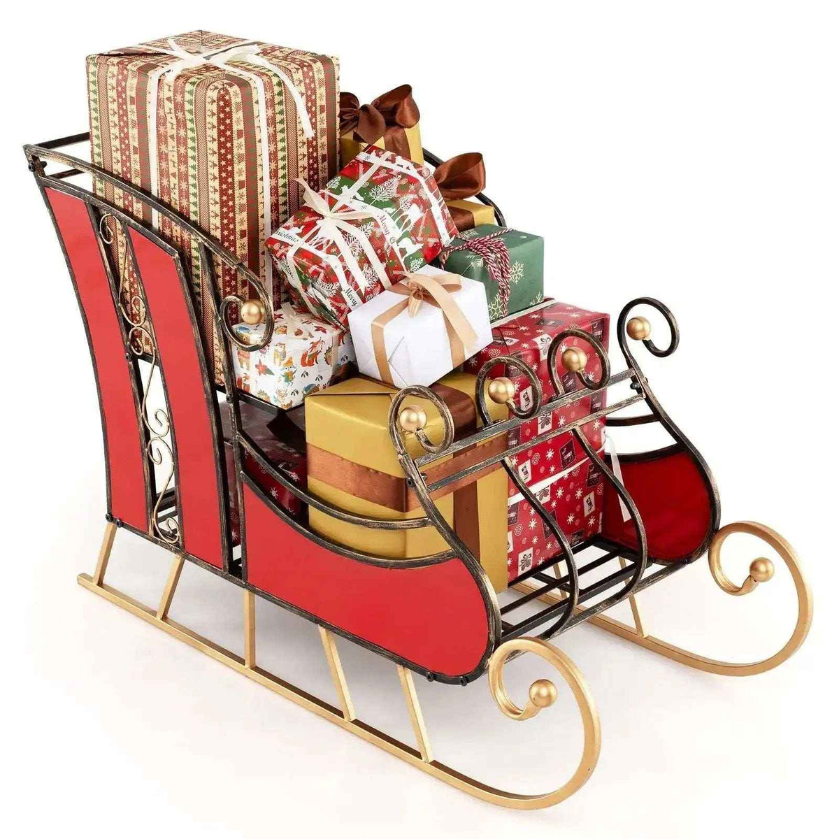 3 FT Christmas Metal Sleigh Decoration Santa Sleigh with 2-Tier Storage Shelf