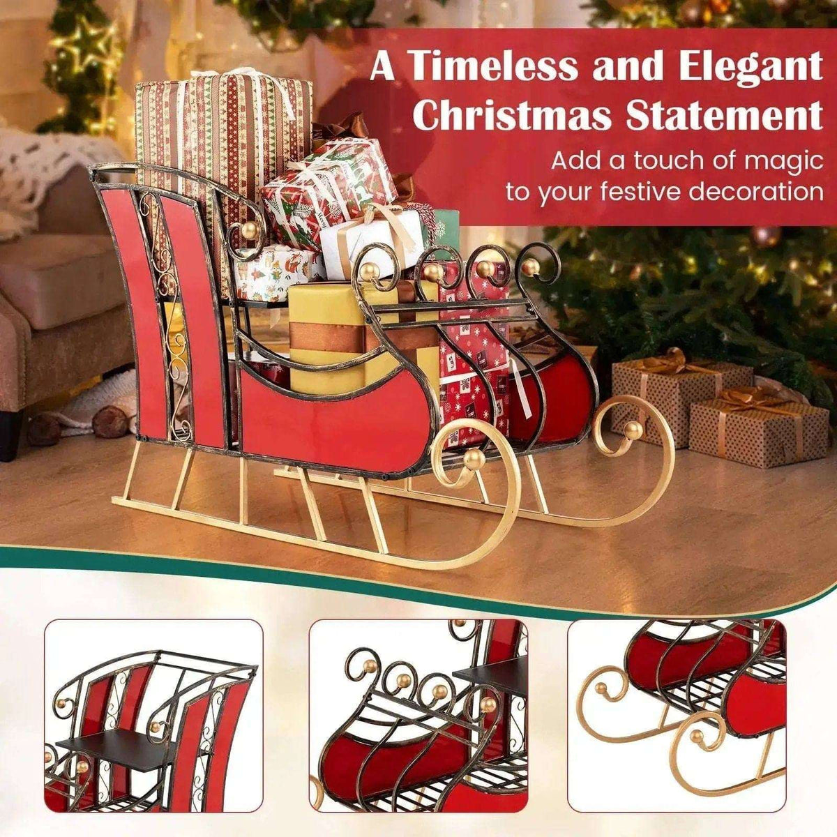 3 FT Christmas Metal Sleigh Decoration Santa Sleigh with 2-Tier Storage Shelf Cartsfy Inc.