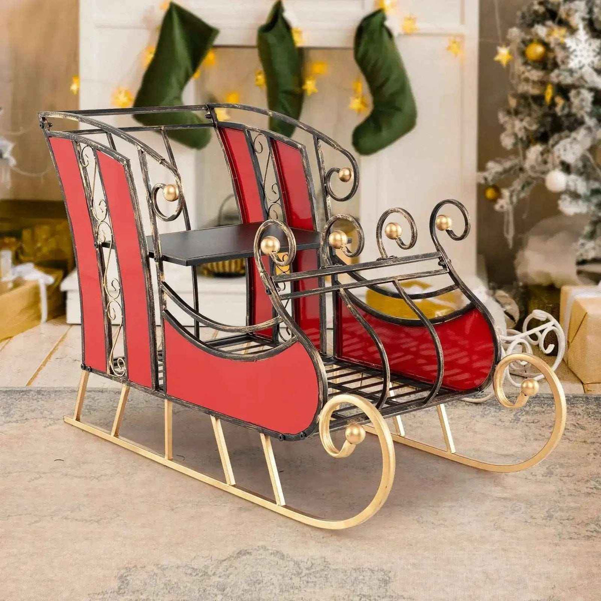 3 FT Christmas Metal Sleigh Decoration with 2-Tier Storage Shelf