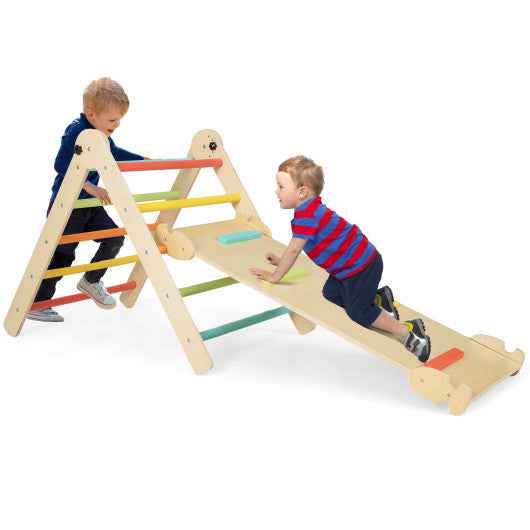 Kids 3-in-1 foldable climbing set with triangular frame, slide and multicolor steps