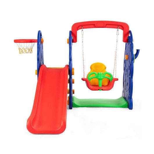 Kids' freestanding slide swing seat with basketball hoop, blue frame and red slide