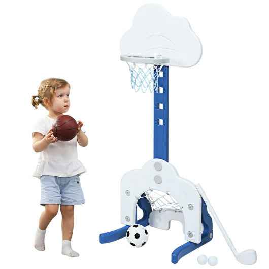 White kids 3-in-1 basketball hoop set with net, base, and mini balls included