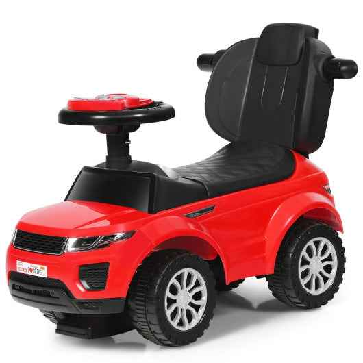 Red 3-in-1 ride-on push car with black seat and steering wheel