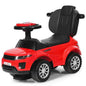 Red 3-in-1 ride-on push car with black seat and steering wheel