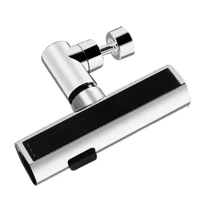 Sink faucet adapter with silver elbow mount and long rectangular black front diffuser