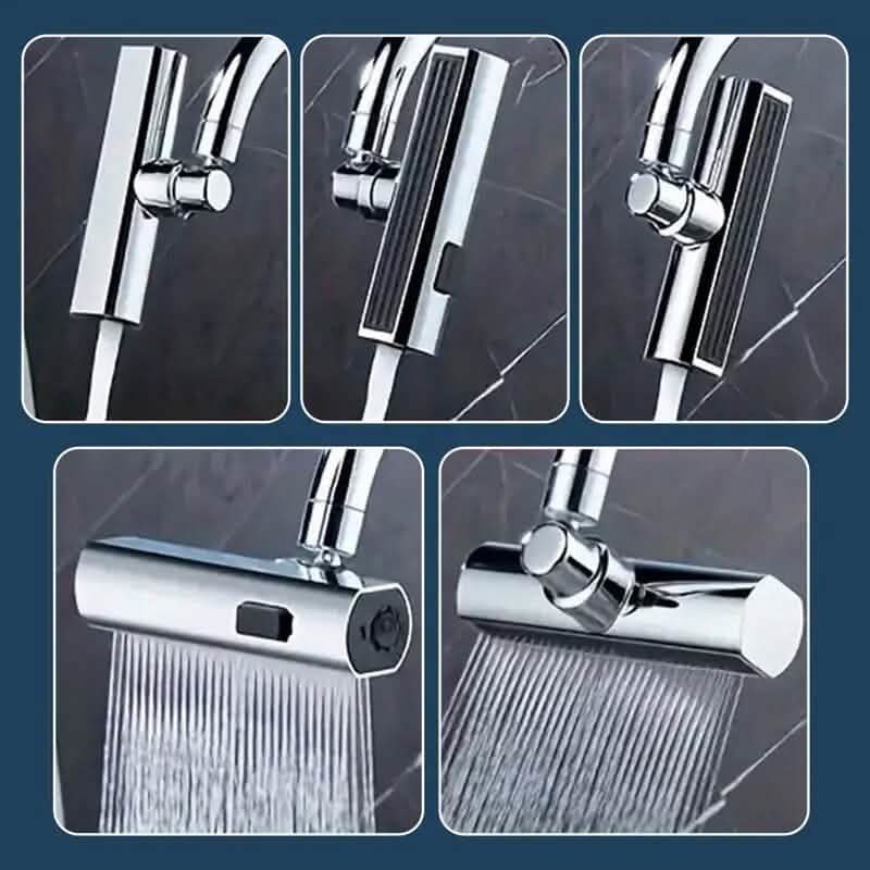 Sink faucet adapter showing spray stream direction from different angles and positions