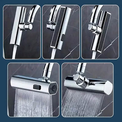 Sink faucet adapter showing spray stream direction from different angles and positions