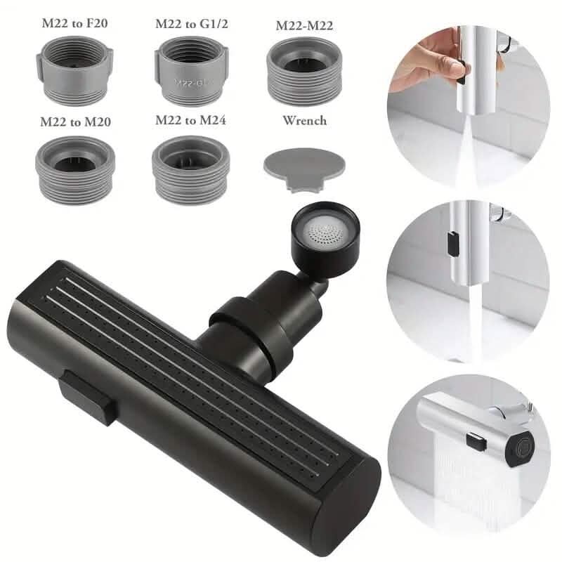 Sink faucet adapter with dark finish body, black panel, and round spray head