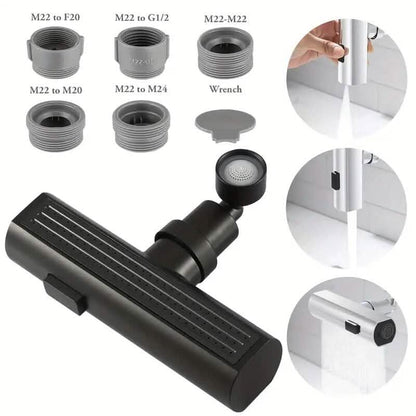 Sink faucet adapter with dark finish body, black panel, and round spray head