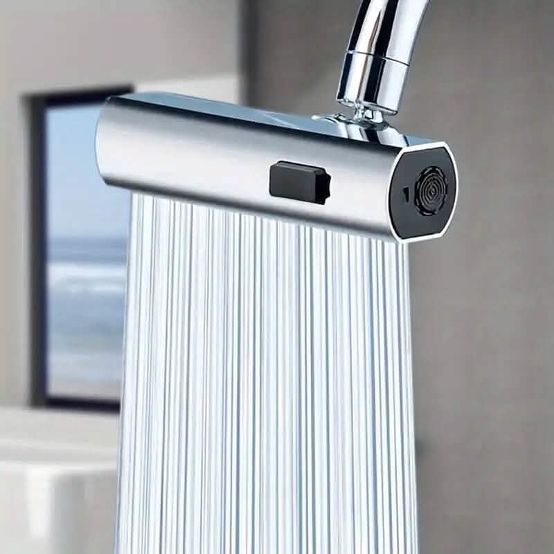 Sink faucet adapter with silver shower spout body and black button control, close-up