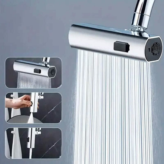 Sink faucet adapter with silver bar and black control slider, angled shower head outlet