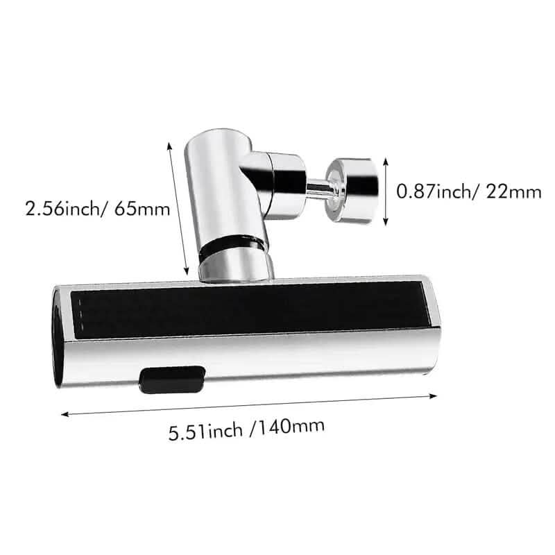 Sink faucet adapter dimensions diagram showing silver body and black control slot