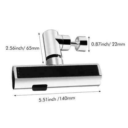 Sink faucet adapter dimensions diagram showing silver body and black control slot
