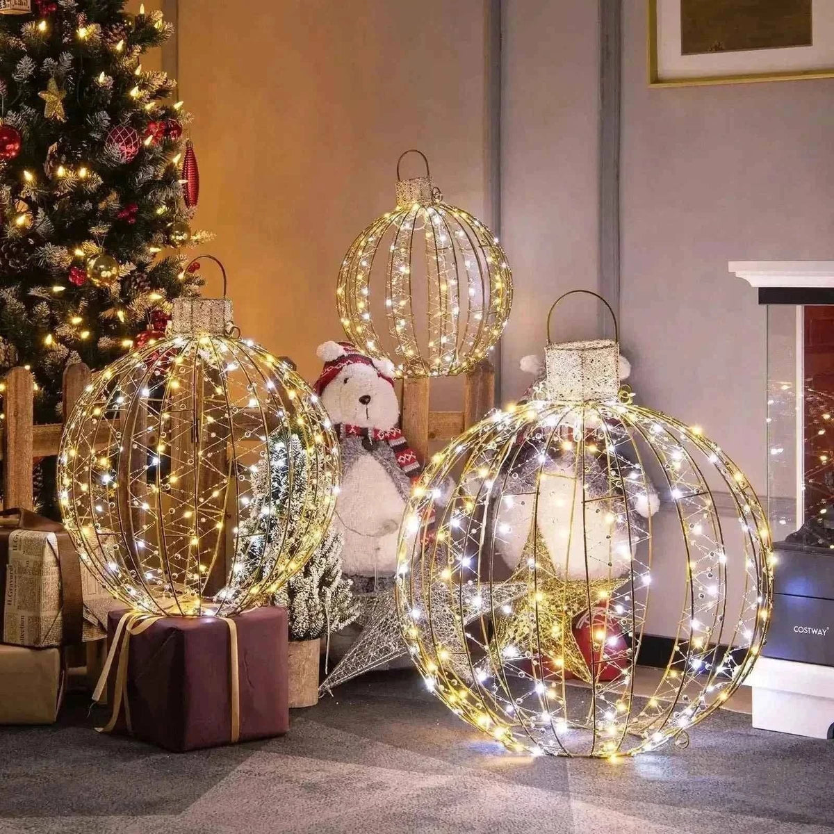 3 Pack LED Christmas Light Balls with Cable Ties & Stakes - Golden