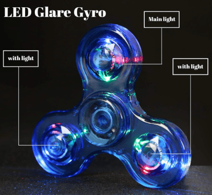 Blue LED three-arm fidget spinner with bright circular lights and arched center hub.