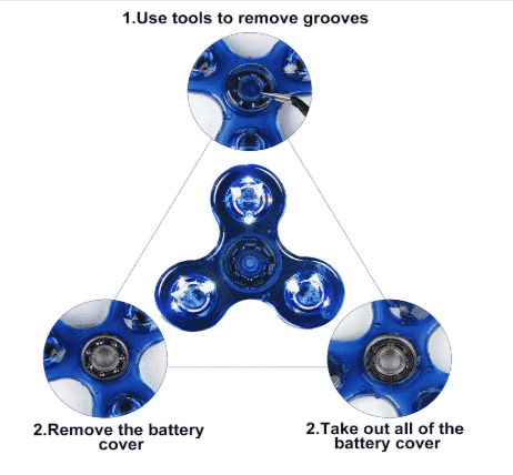 Blue LED fidget spinner with three glowing circular bulbs on each arm
